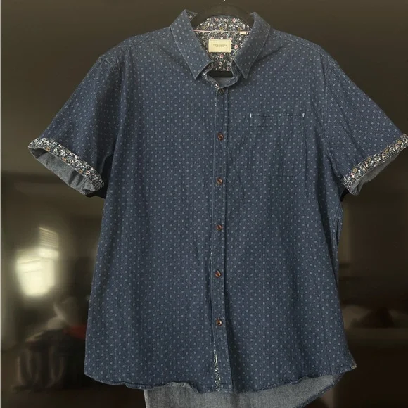 7 Diamonds Floral-Trim Short-Sleeve Button-Up — Navy Micro-Print Shirt (Size XL) - Picture 2 of 6